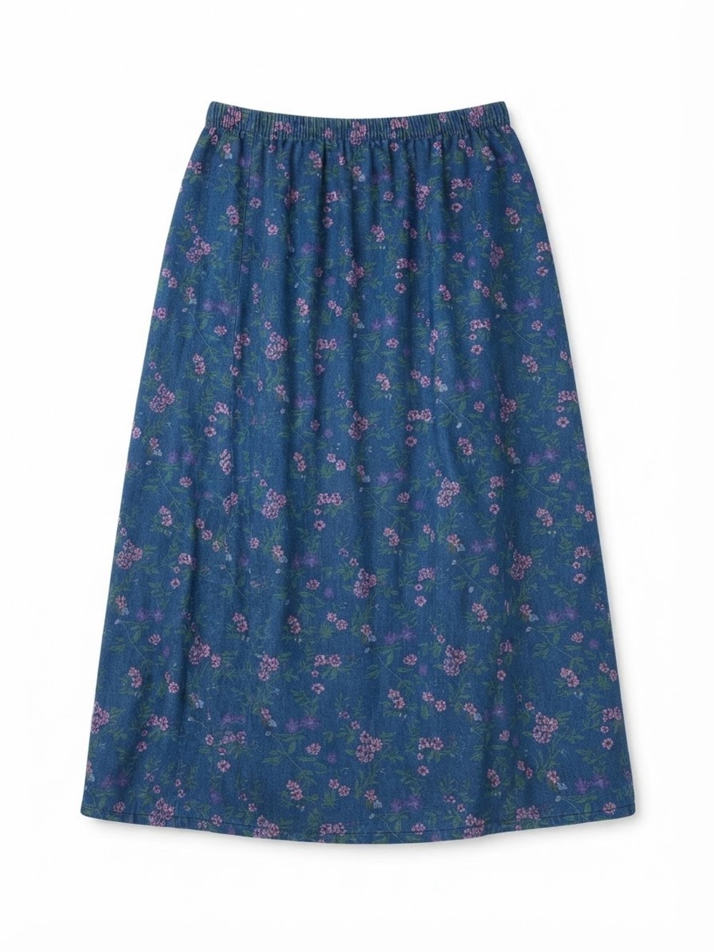 Blair Vintage Blue Floral Print Grandmacore Elastic Waist Midi Skirt Size S